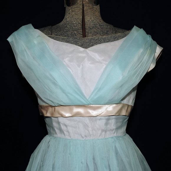 Vintage Dresses Vtg Pale Blue Chiffon Pink Satin Prom Dress Xxs